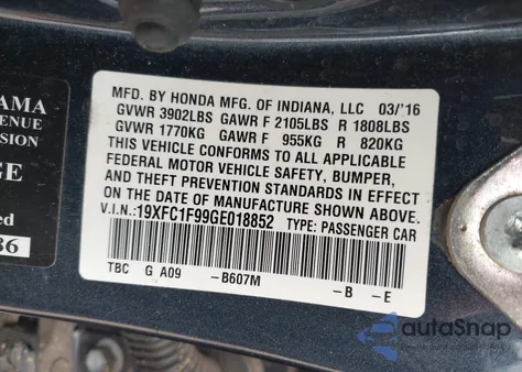 2016 Honda Civic Touring from USA, damaged, VIN 19XFC1F99GE018852